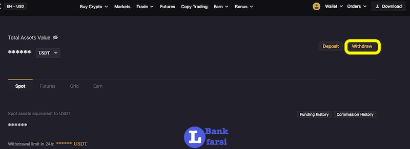 کلیک روی withdraw جهت برداشت ارز