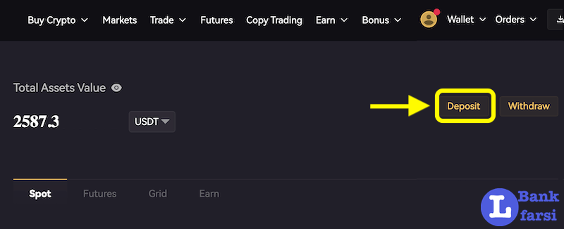 انتخاب گزینه واریز در پنل کاربری