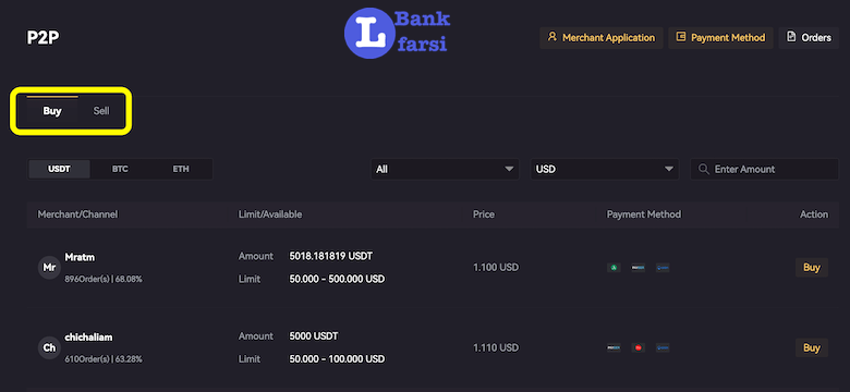 انتخاب نوع سفارش خرید یا فروش