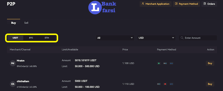 تعیین نوع ارز دیجیتال در P2p