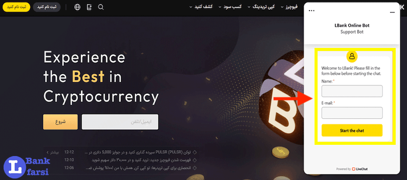 وارد کردن نام و ایمیل برای پشتیبانی صرافی ال بانک